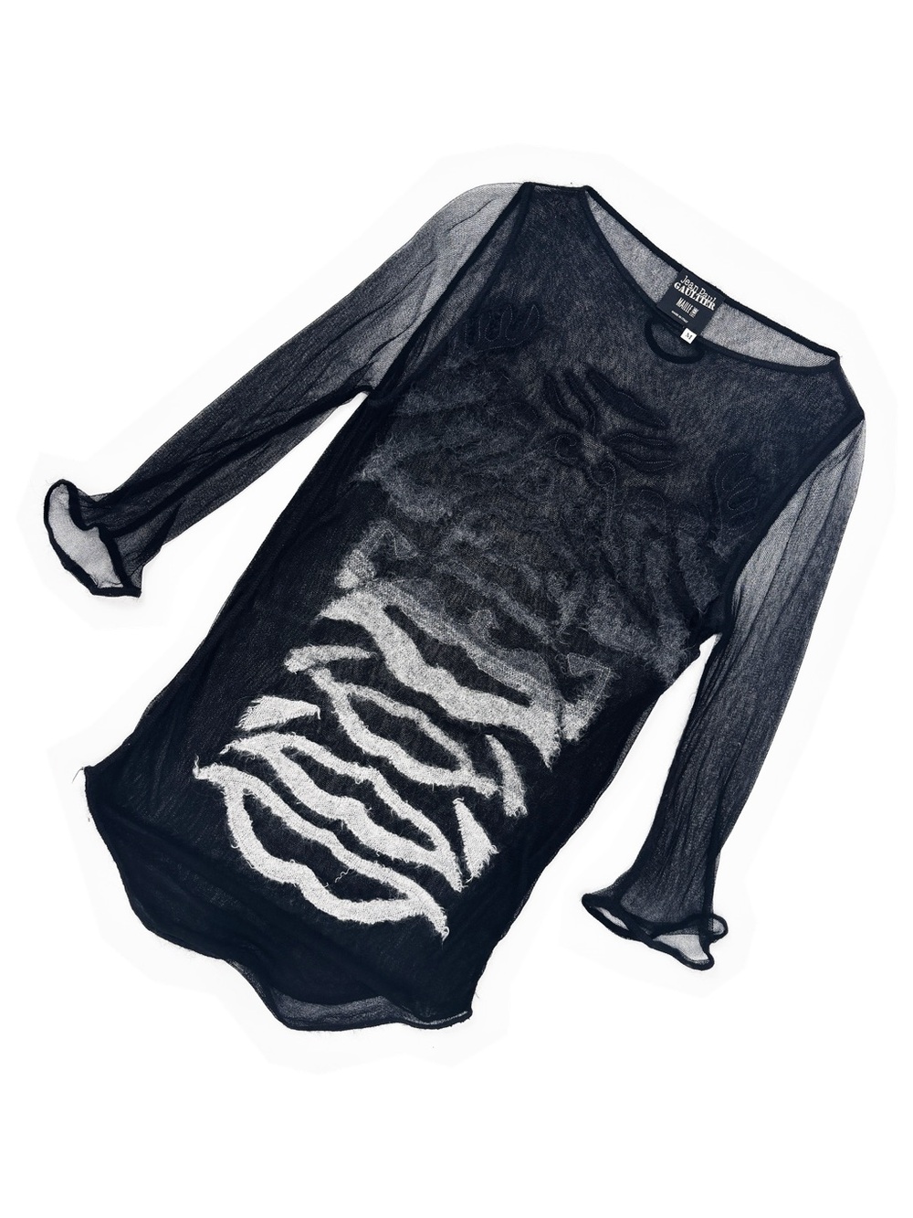 Jean Paul Gaultier Black Sheer Long-Sleeve Mesh Top with White Zebra Motif